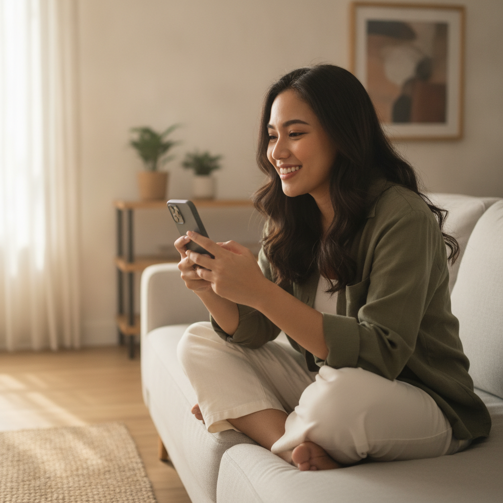Filipino player using smartphone to browse online casino options at home